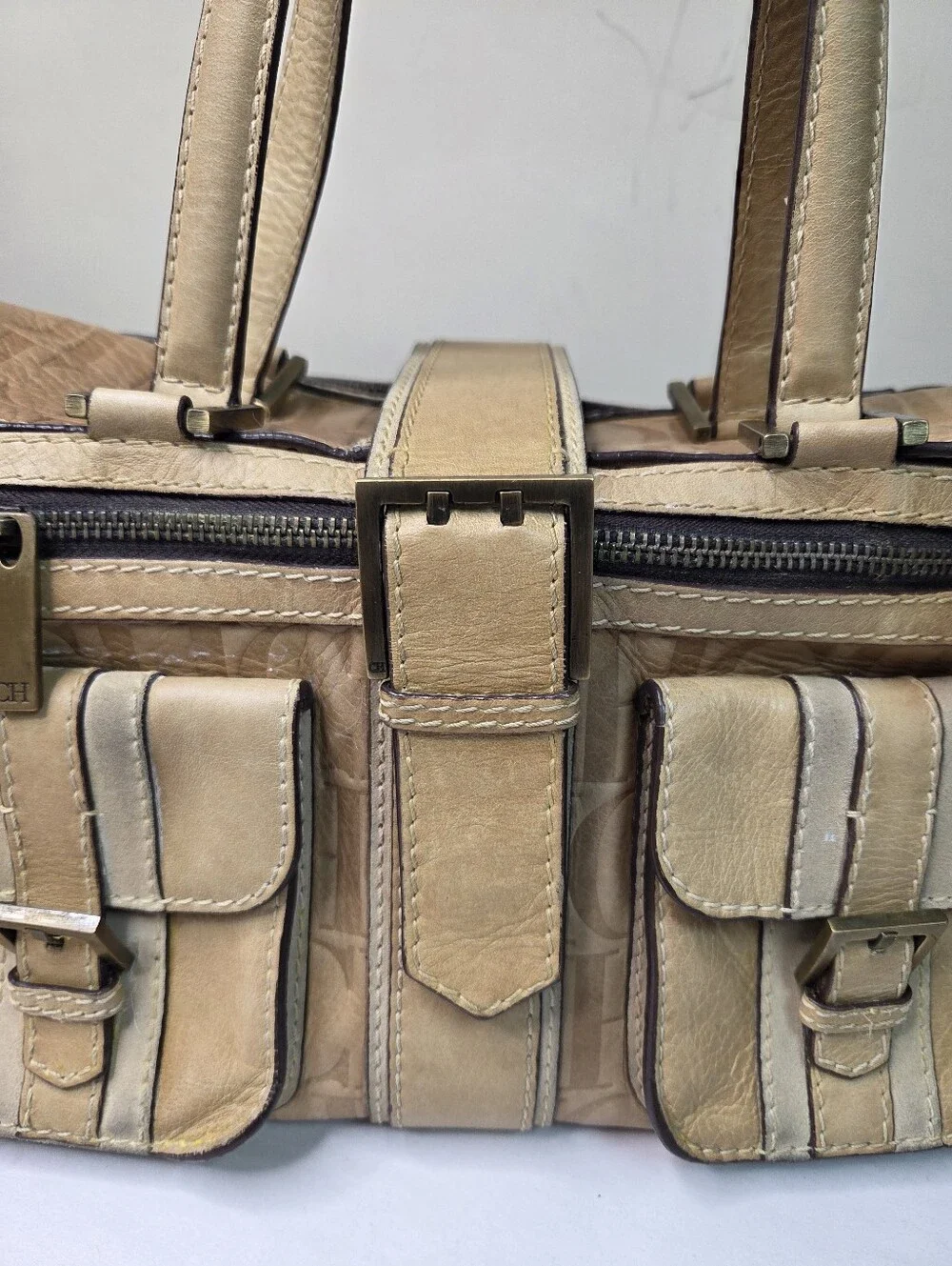 Carolina Herrera Beige Croc-Embossed Leather Satchel with Front Pockets